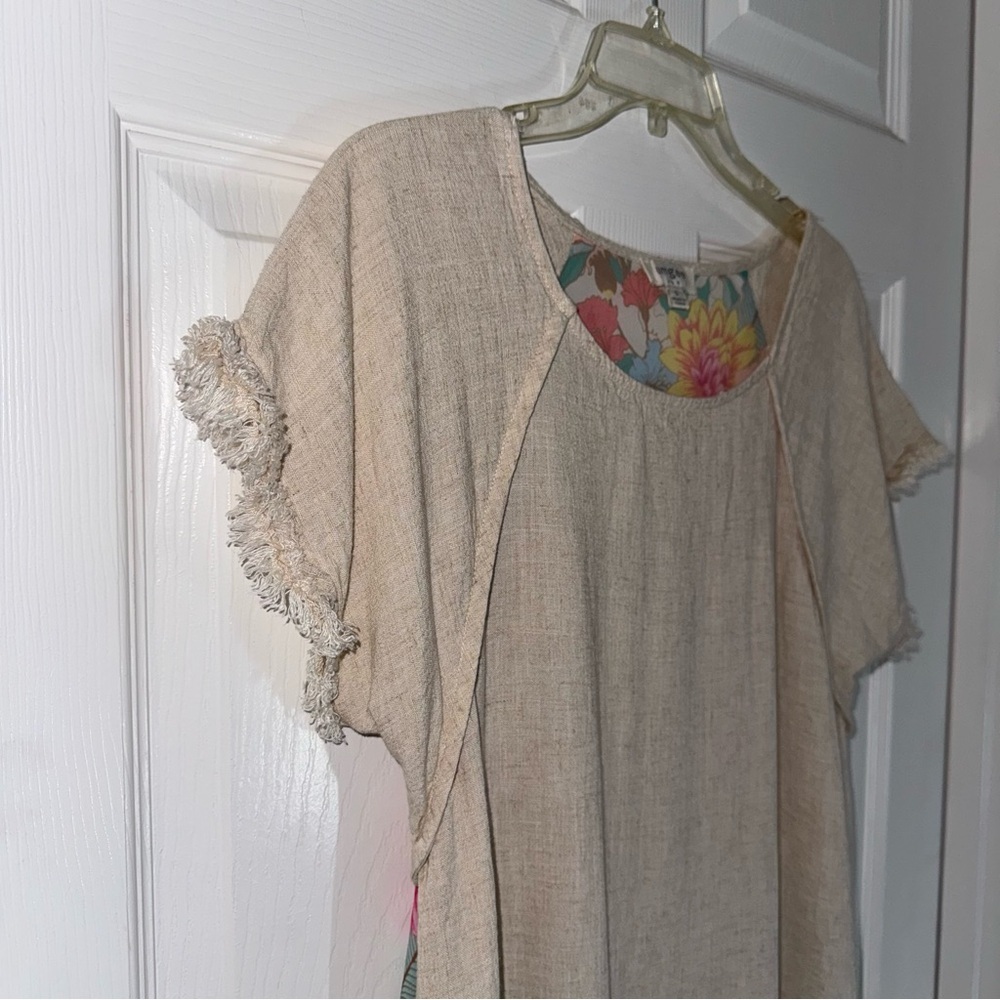 Umgee Beige Mini Linen Dress with High Low Ruffle Fringe and Floral Print - Picture 4 of 16